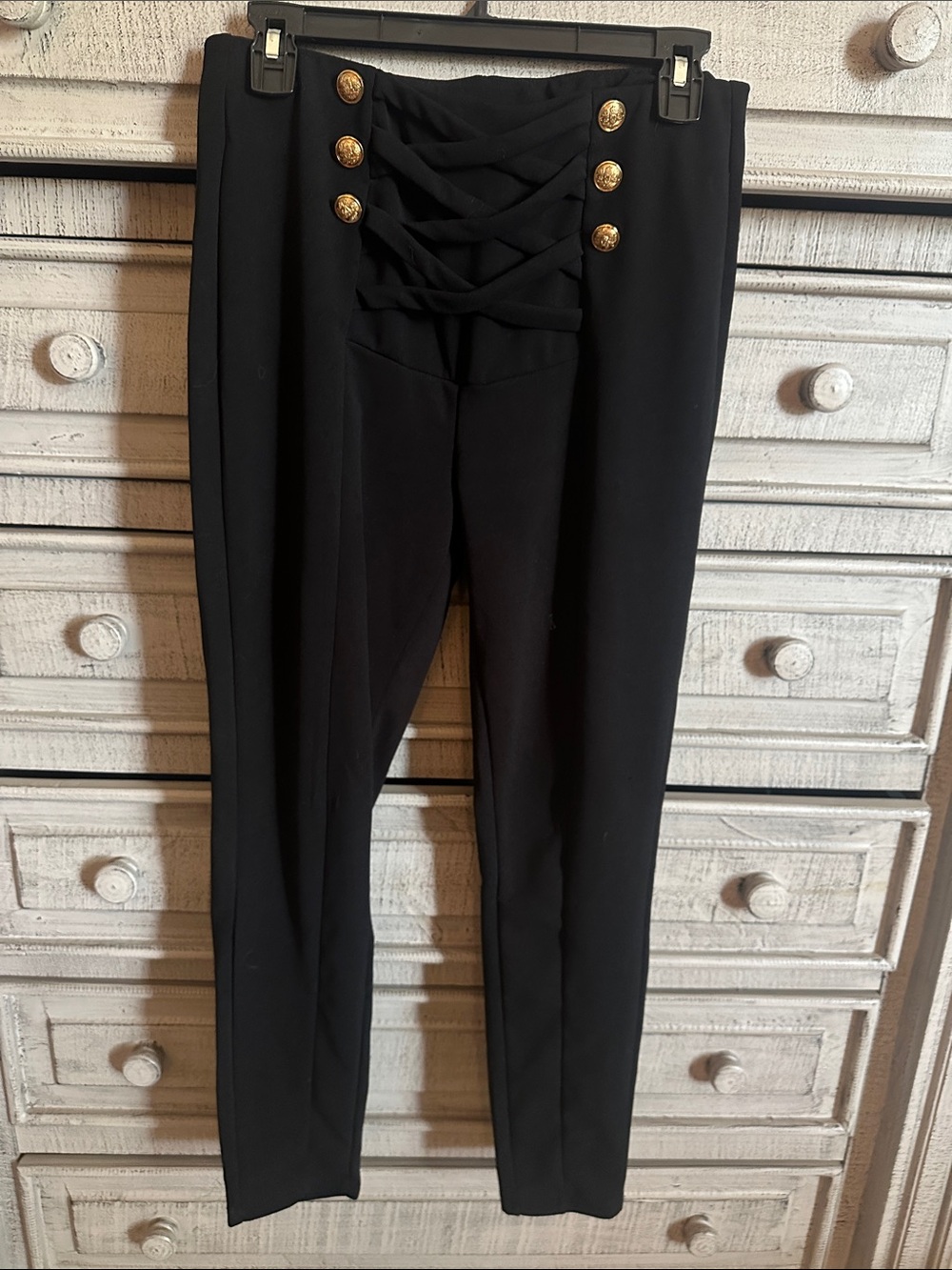 Black High-Waist Skinny Pants with Gold Button and Crisscross Detail